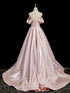 A-line Pink Satin Strapless Long Formal Dress, Pink Satin Off Shoulder Prom Dress